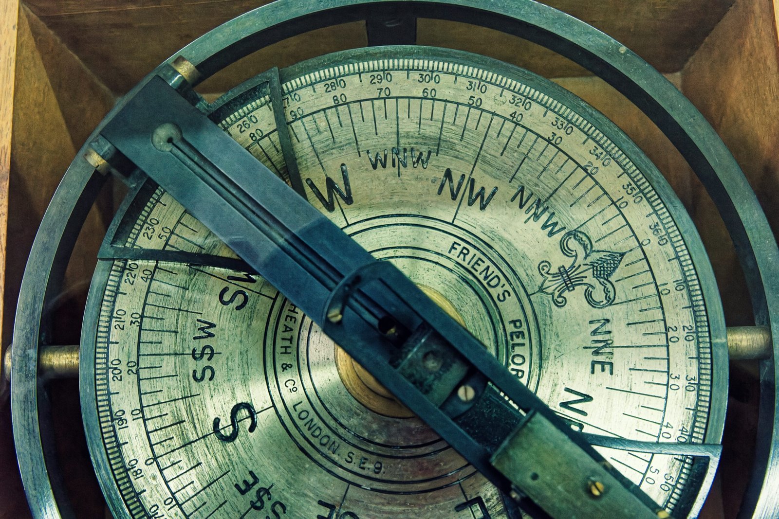 A close up of a compass in a wooden box