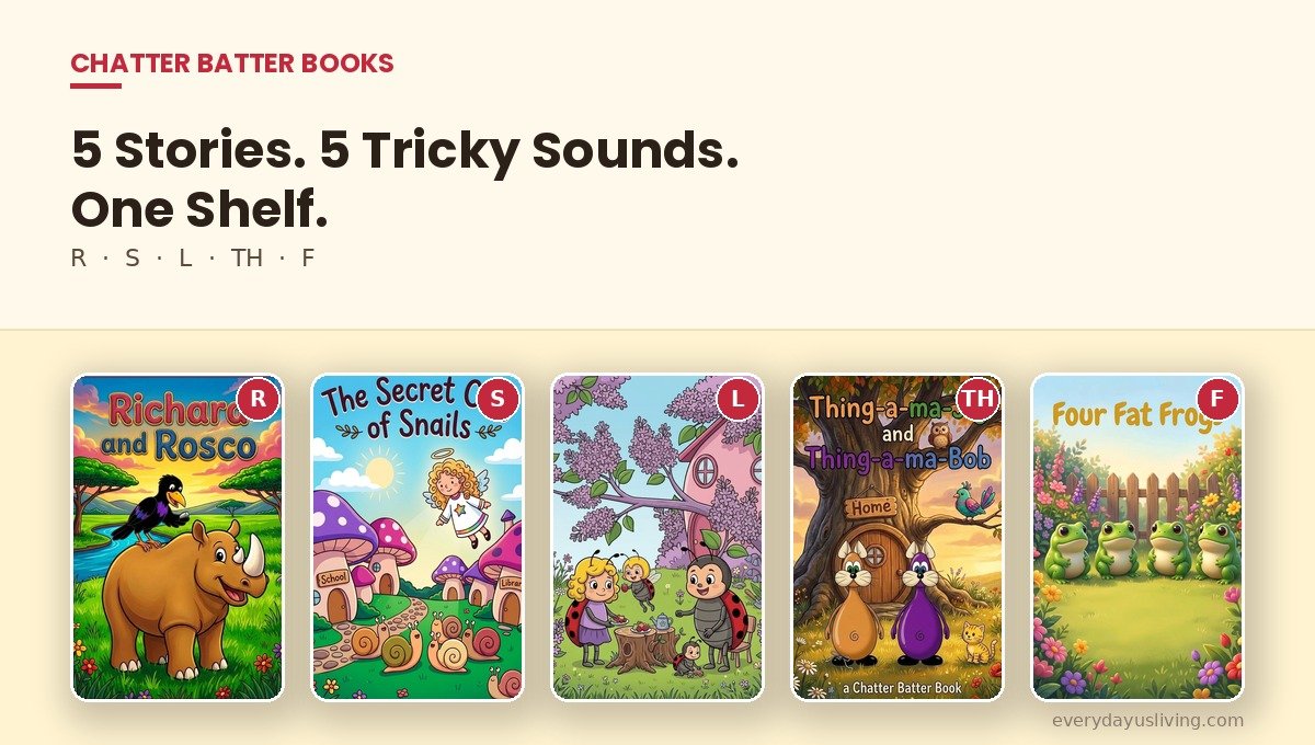 The five Chatter Batter picture books lined up side by side