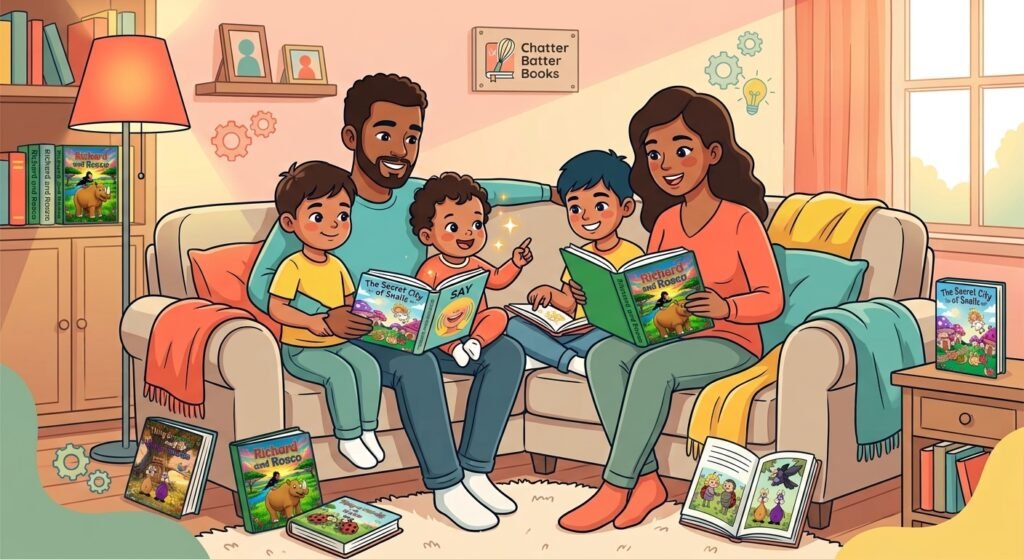 A parent reading a picture book with a child