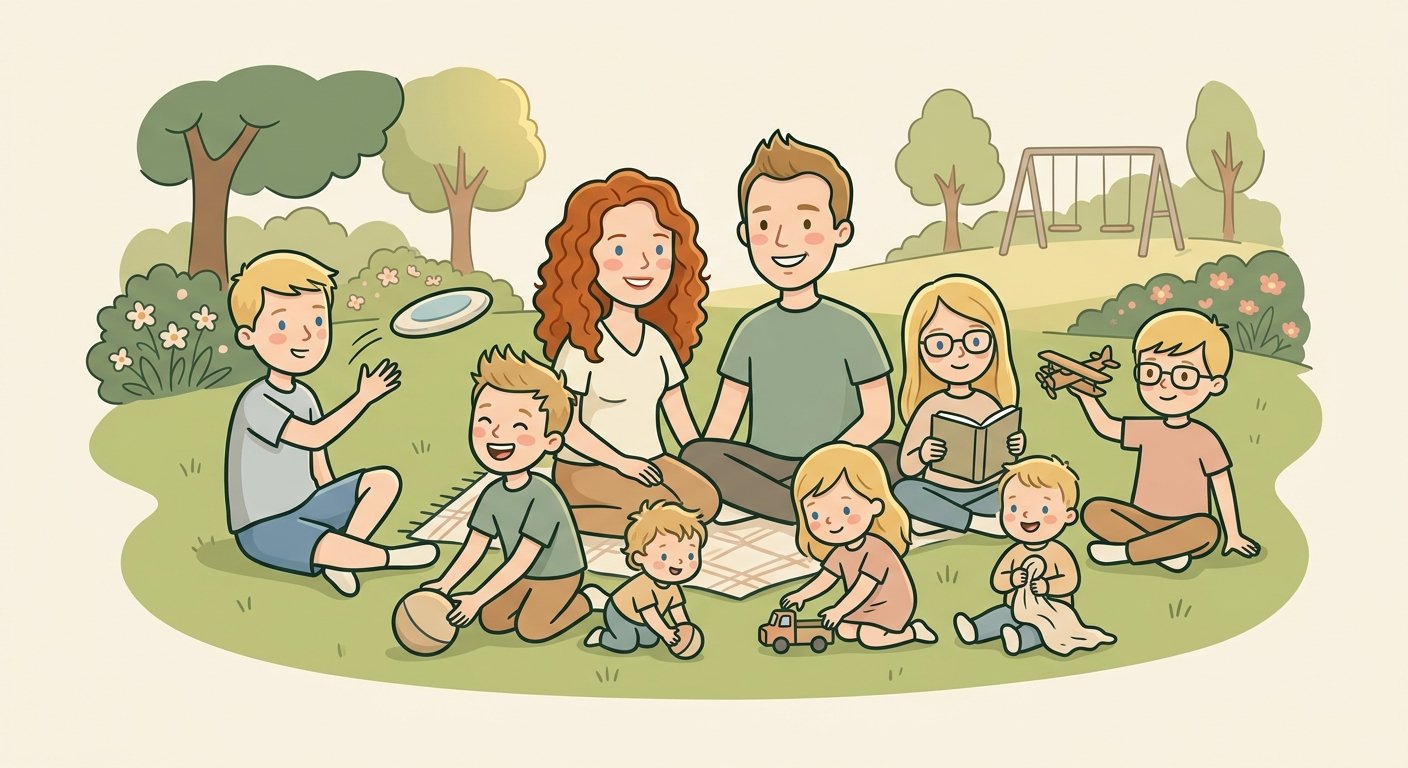 Illustrated family relaxing on a picnic blanket at the park