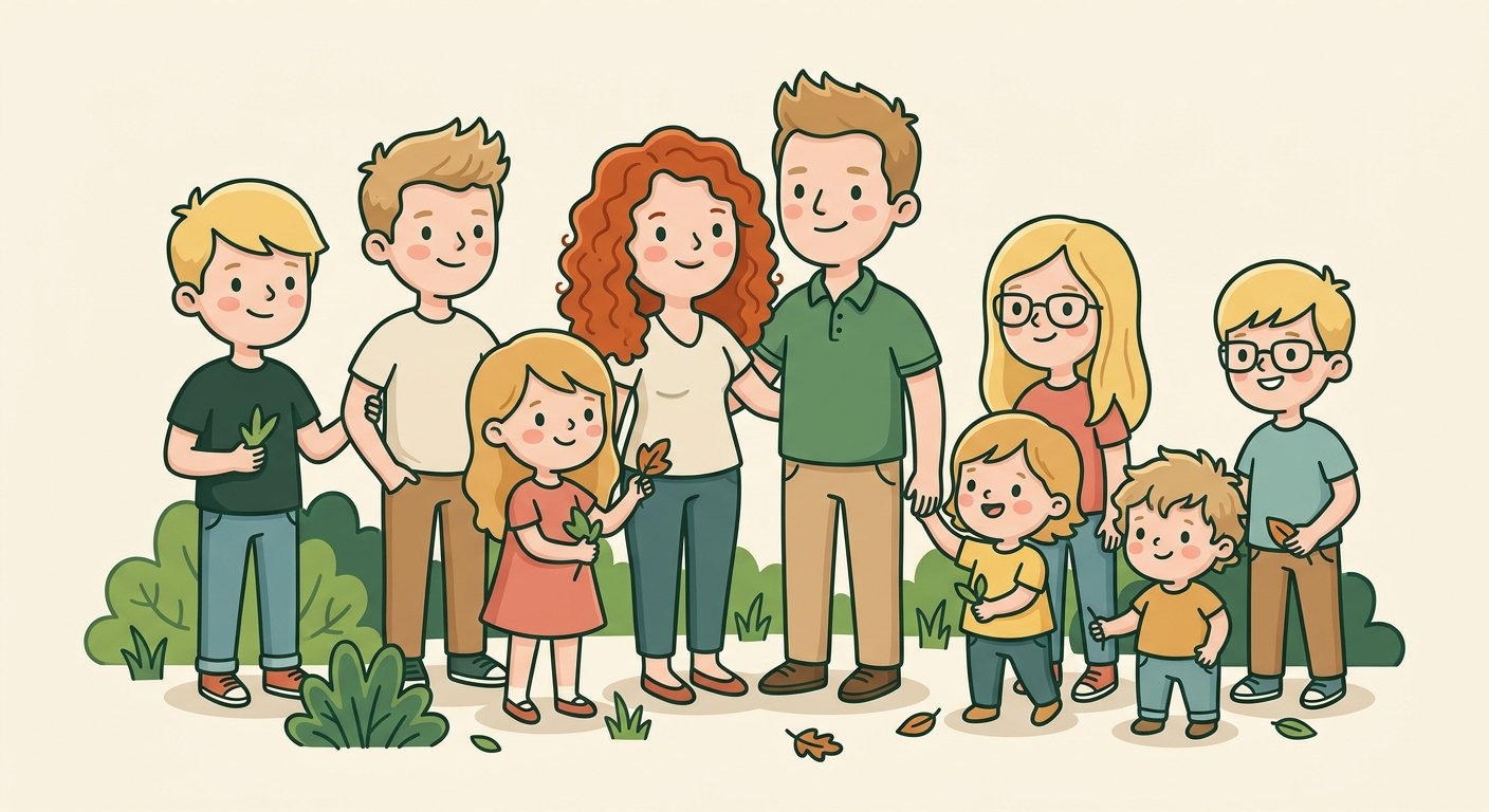 Illustrated family of nine standing together outdoors holding autumn leaves