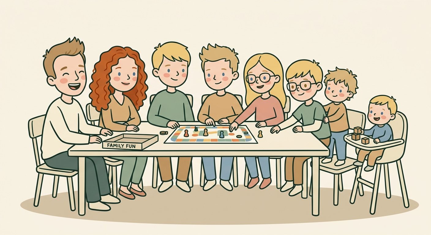 Illustrated family of parents and children playing a board game together at the table