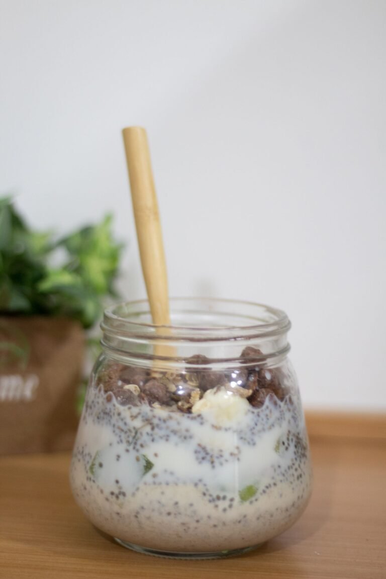 Overnight oats with chia seeds in a glass jar